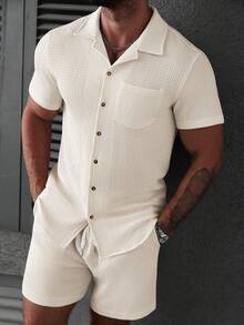 Manfinity Homme 男士短袖纹理面料前开襟休闲夏季衬衫 - 杏色 - 查看 5