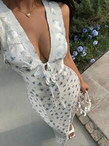 Sunnyshic 女士优雅碎花无袖V领长款连衣裙，休闲度假日常穿着，春夏款 - 彩色 - 查看 1