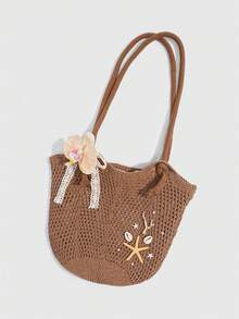 Fairycore 1 Pcf Tropical Ocean Beach Holiday Style Hollow Out Khaki Color Lady's Shoulder Bag, Tropical Flower Decoration Large Capacity Beach Bag - Multicolor 8 - View 7