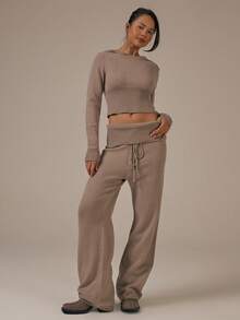 MUSERA Knit Fold Over Waistband Tie Straight Leg Trousers Spring Summer Cute Cosy Cottage Core Spring Dew - Coffee Brown - View 2