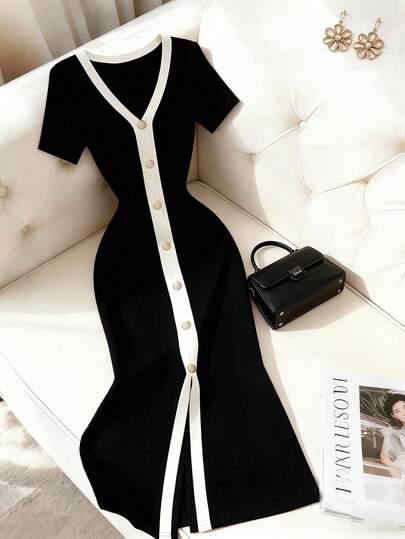 Franclia فستان كاجوال/للعمل بياقة على شكل حرف V مع تريم ولمسات لونية وخطوط رأسية مخططة وأزرار أمامية وذيل مشقوق