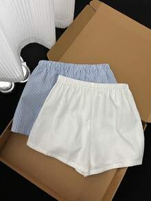 SHEIN Bộ 2 quần short kẻ sọc xanh trắng dành cho thiếu nữ, đa năng, thích hợp mặc hàng ngày, ở nhà, đi nghỉ mát, phối cùng nơ vải lanh. - Xanh và trắng - Xem 2