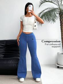 Flexra 大码女式不对称腰身休闲百搭喇叭裤 - 藍色 - 查看 6