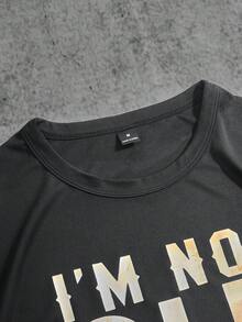 Manfinity ZONE917 男士圆领短袖字母图案印花休闲 T 恤，男友礼物 - 黑色 - 查看 3