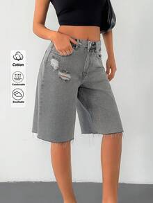 SHEIN 高腰灰色及膝牛仔女式短裤 - 灰色 - 查看 6
