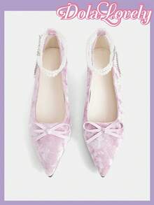 Dola Lovely 女鞋尖头粉色天鹅绒内里增高珍珠蝴蝶结轻薄单鞋洛丽塔服饰 - 粉色 - 查看 5