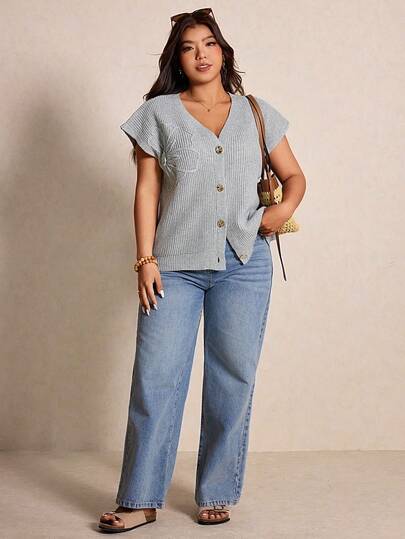 Elaquor 大码优雅法式休闲刺绣花卉简约金属纽扣开襟羊毛衫背心，通勤百搭，轻薄针织衫，适合春夏穿着