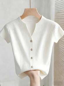 SHEIN Franclia 女士休闲日常通勤简约纯色V领T恤，夏季罗纹针织上衣白色纽扣短袖针织衫，女士夏季休闲短袖衬衫罗纹衬衫可爱白色上衣夏季上衣女士针织上衣短袖开衫夏季白色罗纹针织上衣短袖纽扣上衣女士夏季针织衫 - 白色 - 查看 1