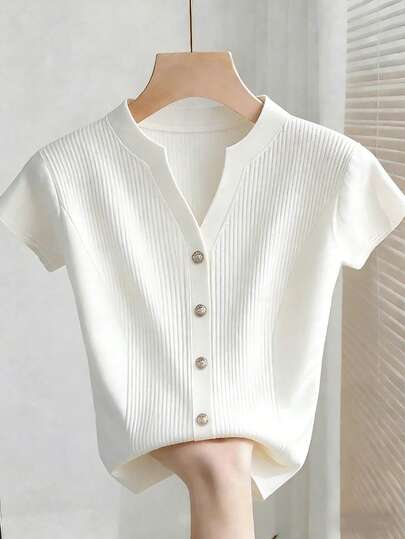 SHEIN Franclia Women's Casual Everyday Commute Simple Solid Color Notched Neck T-Shirt, Summer Ribbed Knit Top White Button Top Short Sleeve Knit Top Womens Summer Top Casual Short Sleeve Shirt