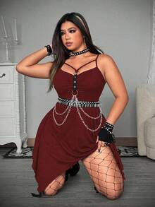Whyspr Plus Size Asymmetrical Hem Chain Decor Punk Vacation Dress - Burgundy - View 3