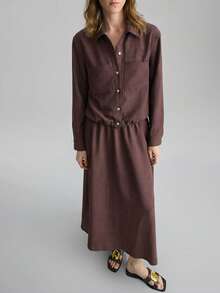 Ontre 2026春夏新款女士梭织面料情人节及婚礼季简约优雅办公衬衫半裙两件套 - 咖啡棕 - 查看 7