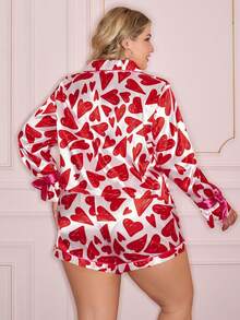 Slumberry CURVE Conjunto de ropa de dormir con moño en forma de corazón para el Día de San Valentín, conjunto de ropa de dormir con corazones de color contrastante, elegante y romántico conjunto de ropa de dormir estilo francés para mujer de talla grande - Rojo y blanco - Ver 2