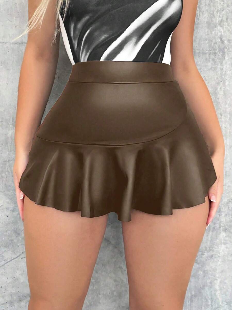 Zolique Falda-pantalón de mujer de moda casual de unicolor, de cintura alta con volantes en el bajo, de cuero sintético (PU) - Marrón - Ver 1