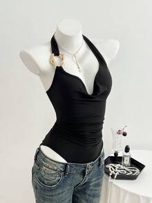 Elamini 女士性感休闲简约金属扣装饰垂褶领口褶皱连体衣 - 黑色 - 查看 6