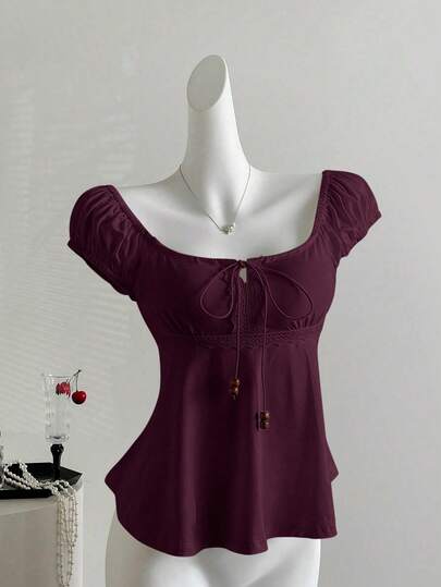 Sweetra Women's Summer Tie-Up Pearl Decor Loose Hem Short Sleeve T-Shirt