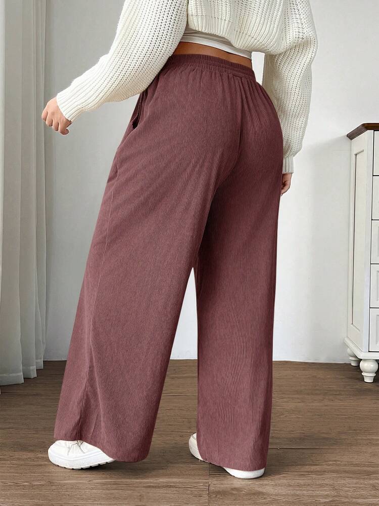 SHEIN EZwear 珊瑚粉色加大码女式灯芯绒高腰阔腿裤，带口袋和贴布设计，适合校园、日常穿着和室内工作，秋冬季款 - 珊瑚粉 - 查看 2