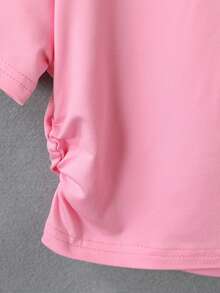 SHEIN 3件套女童蝴蝶结印花腰部短袖T恤套装，包括灰色、粉色和黑色 - 彩色 - 查看 6