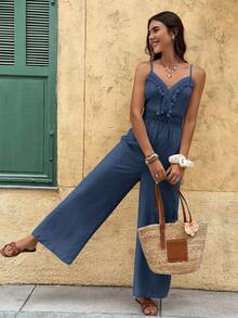 Serisse 女士纯色露背荷叶边休闲连体裤 - 霧霾藍 - 查看 5