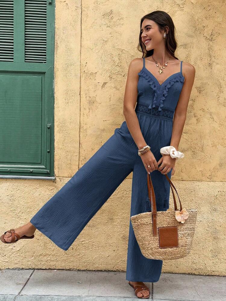 Serisse Women's Solid Color Backless Ruffle Casual Jumpsuit - Dusty Blue - View 5