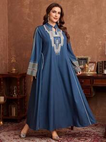 Al Najma Women's Long Sleeve Print Trim Loose Elegant Plus Size Arabic Dress Kaftan Jalabiya Dress - Multicolor - View 5