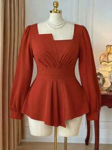 SHEIN Clasi Áo sơ mi tay dài cổ vuông màu trơn viền bèo nhún cỡ lớn, thường ngày cho dịp Giáng sinh, áo peplum - Màu Cam cháy - Xem 4
