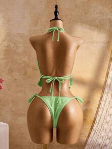 Bellisia Women's Summer Vacation Beach Textured Halter Tankini Set - Green - View 2