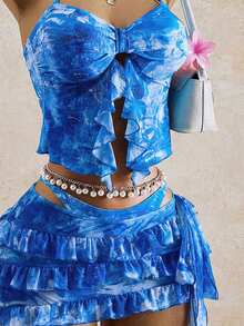 Bellisia Women's Summer Vacation Beach Tie-Dye Ruffle Halter Bikini Set With Cover-Up And Skirt - Multicolor - View 3