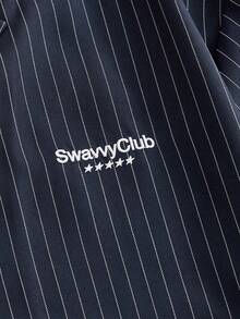 SWAVVY Bộ áo sơ mi và quần short nam kẻ sọc thêu họa tiết phong cách thường ngày. - Màu xanh lam - Xem 6