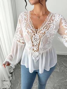 Elenzga 大码女式撞色蕾丝V领长袖优雅衬衫 - 白色 - 查看 6