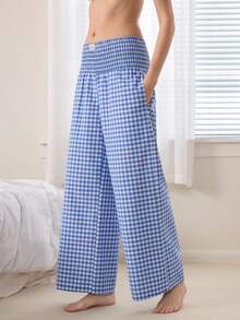 Ocili 女士纯色抽绳腰宽松阔腿睡裤，舒适棉质条纹系带睡衣裤 - 藍白色 - 查看 5