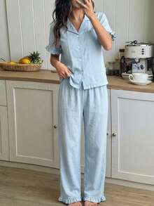 2件套女童短袖翻领上衣和休闲长裤家居服套装 - 藍色 - 查看 9