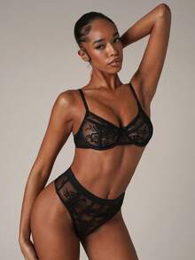 SHEIN BAE 2pcs/Set Floral Lace Lingerie Set For Women - Black - View 5