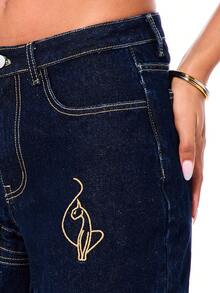 BABYPHAT 女士高腰阔腿拼接牛仔七分裤，饰有刺绣图案，裤脚卷边，适合夏季休闲穿着 - 藍色 - 查看 5