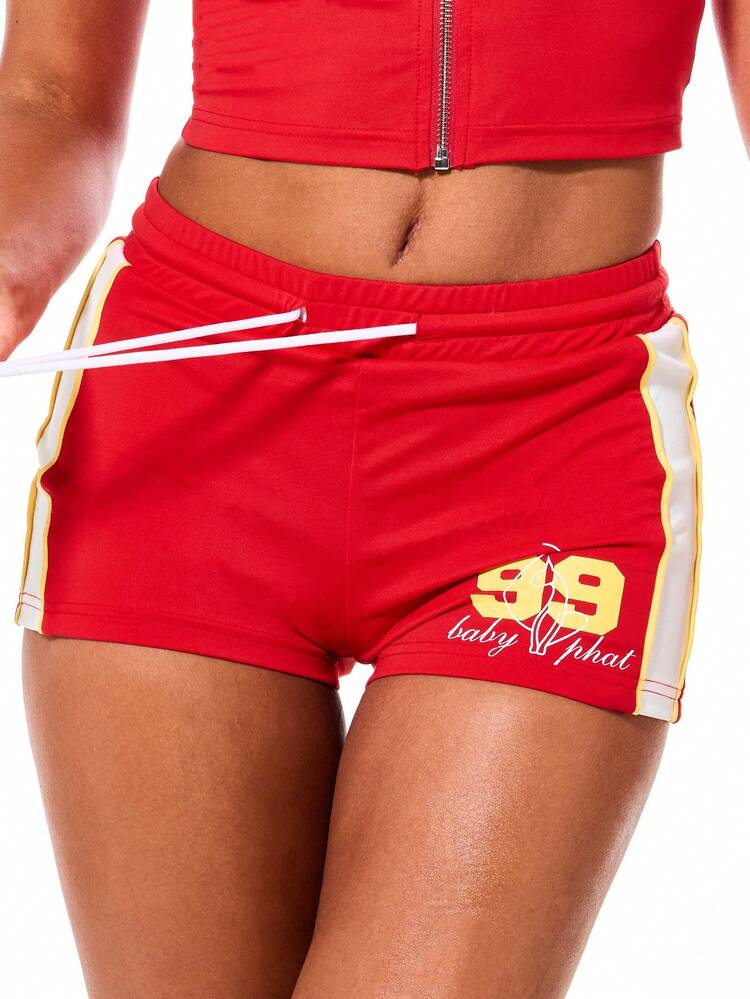 BABYPHAT High Waist Drawstring Logo Printed Athletic Shorts With Side Color Blocking And Varsity Number Design
