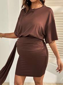SHEIN Elegant Maternity Summer Dress, Simple Solid Color Loose Drop Shoulder Pleated Fitted Dress - Brown - View 5