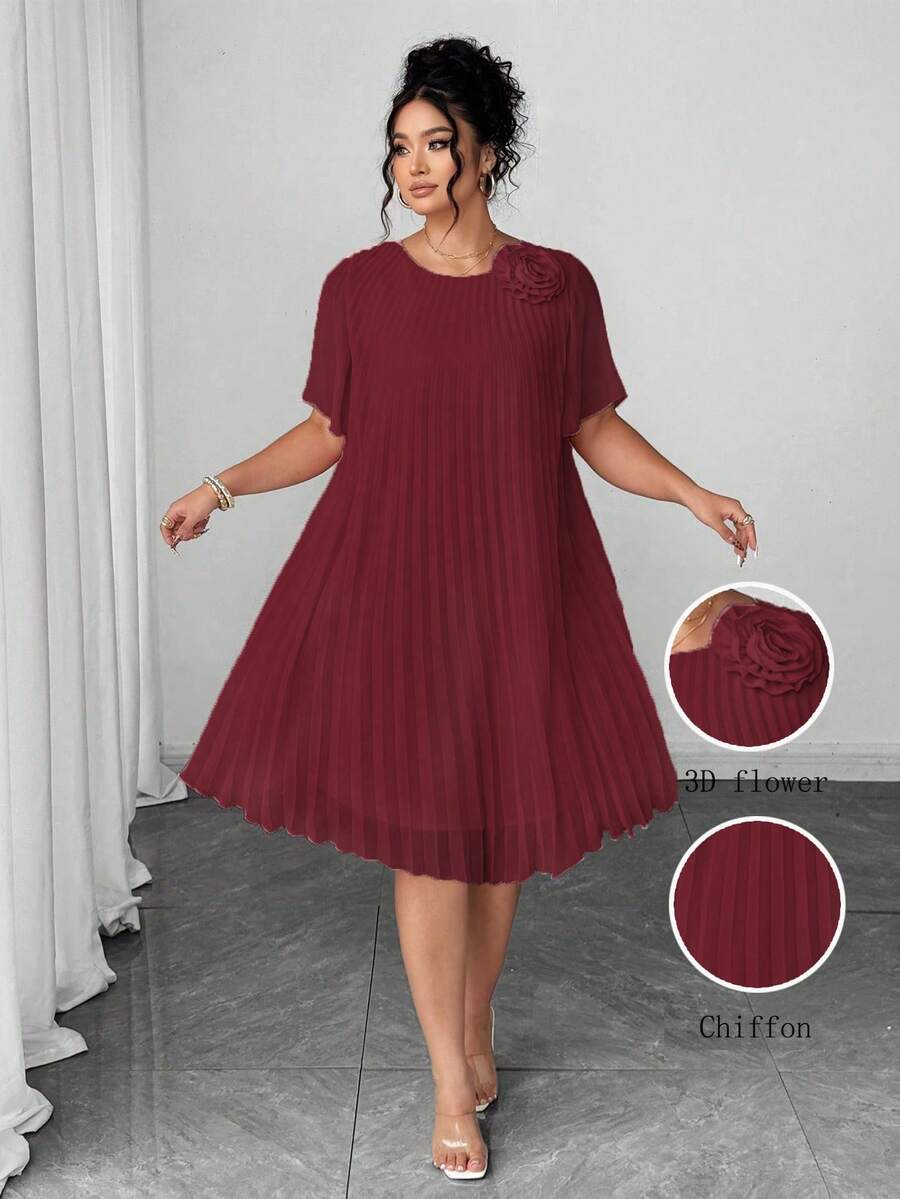 Elenzga Plus Size Women's Woven Regular Spring/Summer Semi-Sheer Chiffon Pleated Lotus Root Pink Short Sleeve Round Neck 3D Floral Dress - Burgundy - View 1