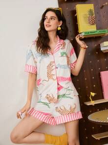 Young Leopard Print Pajama Set, Loose Casual Lapel Women Sleepwear Set - Multicolor - View 1