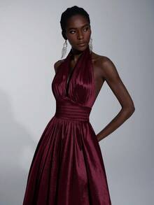 Elitara Elegant, Romantic, Minimalist, Fashionable, Dignified, Olive Green, Knitted Fabric, Halter Neck, Open Back, Extra-Large Skirt, Trailing, Fashionable, Internet Celebrity, Holiday, Vacation, Birthday Party, Wedding Event, Formal Evening Gown - Burgundy - View 1