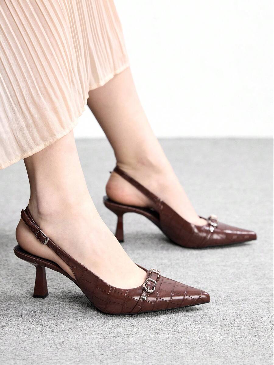 CUCCOO BIZCHIC 女士棕色纹理通勤休闲简约纯色露跟细高跟鞋 - 棕色 - 查看 1