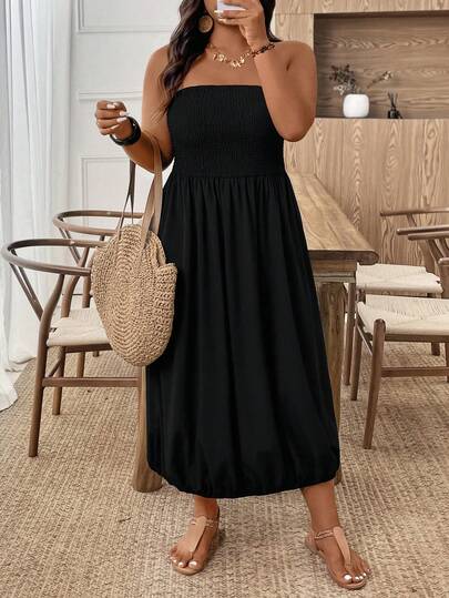 SHEIN PETITE CURVE Plus Size Solid Color Strapless Dress, Summer