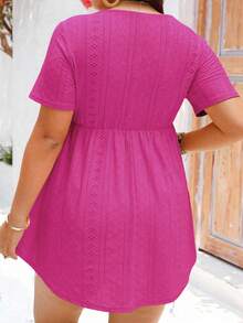 EMERY ROSE Camiseta de manga corta de talla grande, elegante, de unicolor y con bordado calado, para el verano - Rosa Fucsia - Ver 2