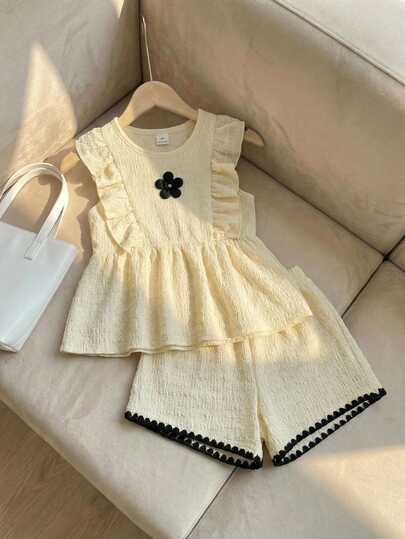 Young Girl Summer Casual Vacation Cute Black Floral Applique Babydoll Top & Patchwork Shell Tape Shorts Set Summer Two Piece Set For Girls Little Girl Two Piece Set