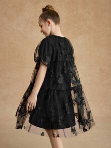 Tween Girls' Summer Casual Mesh Patchwork Butterfly Embroidery Puff Sleeve Dress - Navy Blue - View 2