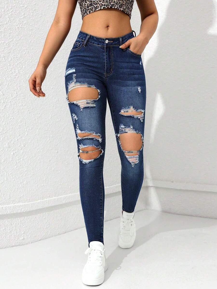 Flexra Quần jean skinny rách thời trang đường phố dành cho nữ - Rửa tối - Xem 1