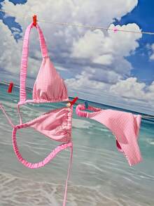 Swim Mod New Multicolor Striped Ruffled Adjustable Strap High Cut Seashell Pearl Decor Cute Romantic Beach Vacation Women Bikini Swimwear Set, Spring/Summer - Pink - View 4