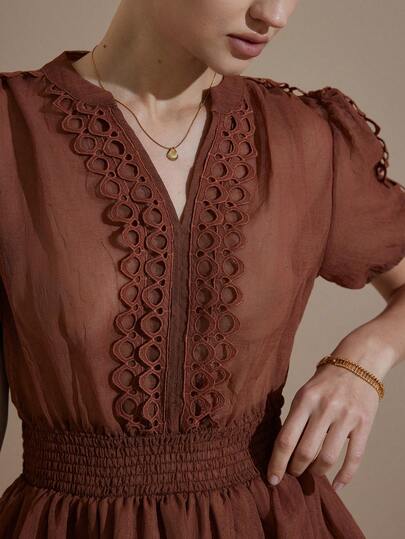 Aveloria Rosie Vestido mini soñador de manga corta transparente con bordado de encaje juvenil y dulce para mujeres