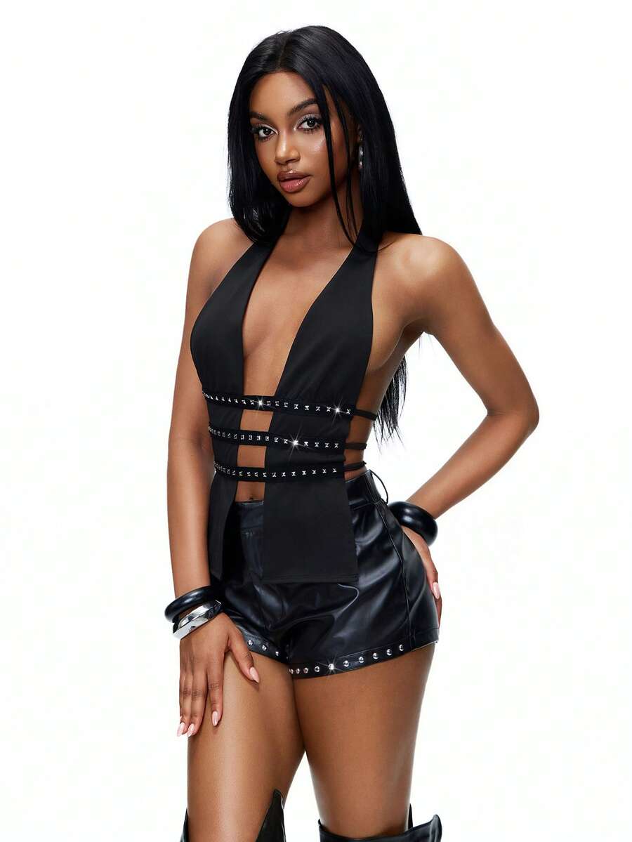 TypaGal 女士性感朋克风铆钉装饰露背系带吊带背心，夏季 - 黑色 - 查看 1