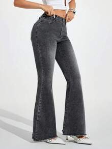 Jeanoix 女士口袋纽扣休闲百搭日常喇叭牛仔裤 - 淺灰色 - 查看 5