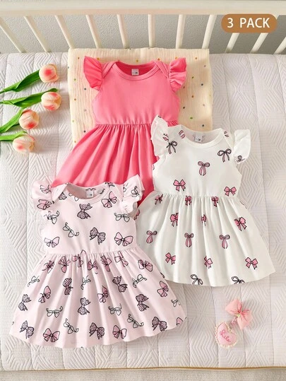 Bộ 3 món váy không tay cho bé gái sơ sinh, màu hồng nhạt và trắng, họa tiết bướm + chân váy xếp ly, thiết kế không tay ngọt ngào và dễ thương, thân thiện với làn da và thoải mái, trang phục hàng ngày cho trẻ sơ sinh.