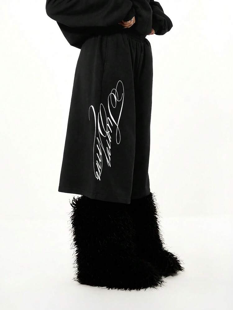 SUMWON WOMEN Oversized Wide Leg Black Shorts With White Script Graphic Print Relaxed Fit Casual Streetwear Urban Style Comfortable Everyday Wear